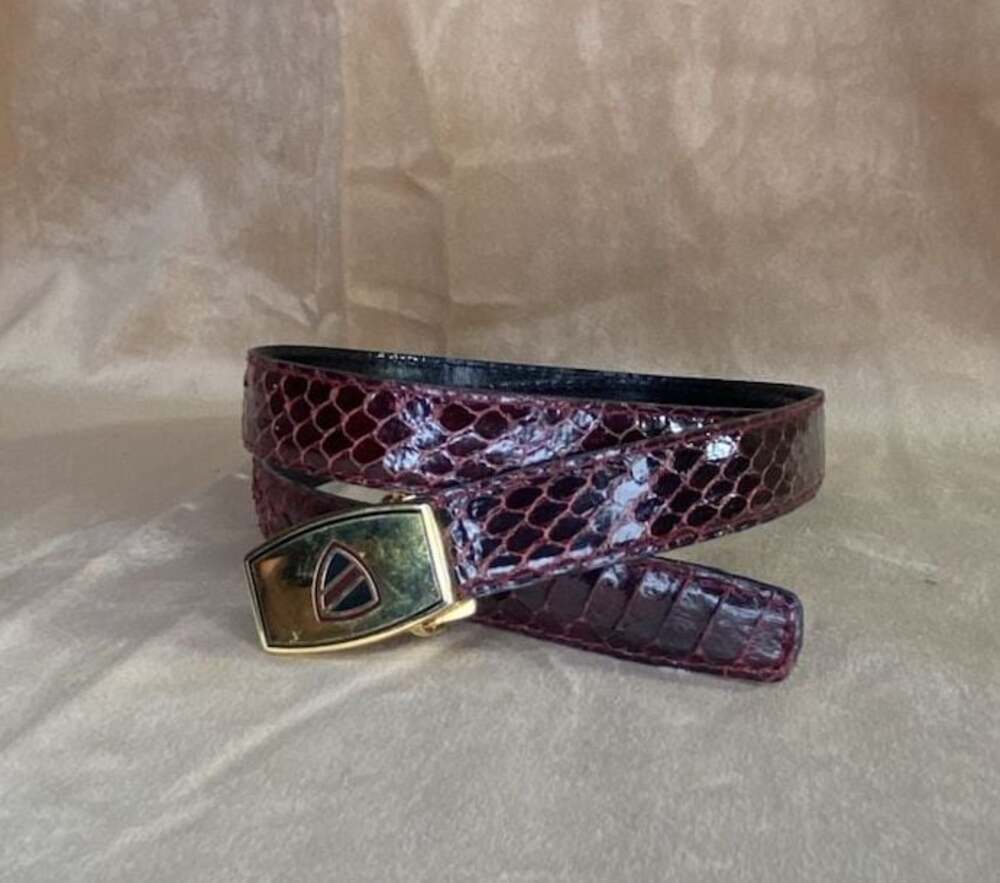 Made in Italy Maroon Snakeskin Leather Belt with Gold Tone Buckle: 32 inches